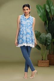 Sky Blue Cotton Printed A Line Short Kurta