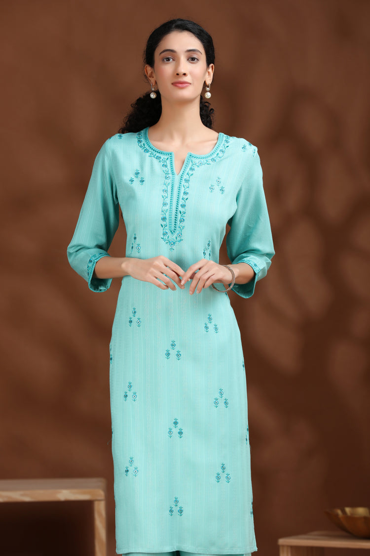 Sky Blue Embroidered Straight Cotton Co-ord Set
