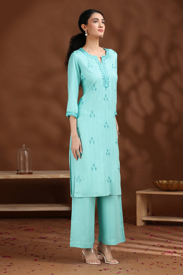Sky Blue Embroidered Straight Cotton Co-ord Set