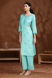 Sky Blue Embroidered Straight Cotton Co-ord Set