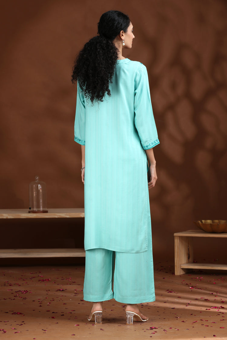 Sky Blue Embroidered Straight Cotton Co-ord Set