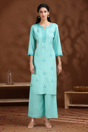 Sky Blue Embroidered Straight Cotton Co-ord Set