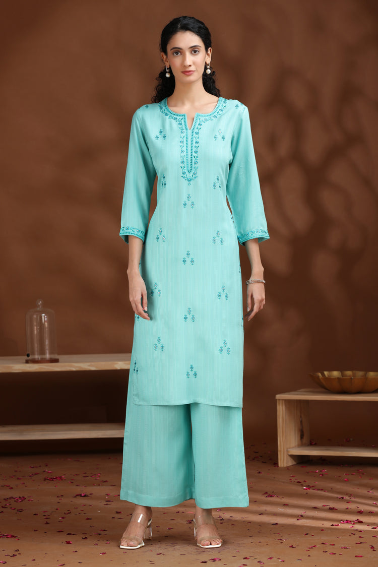 Sky Blue Embroidered Straight Cotton Co-ord Set