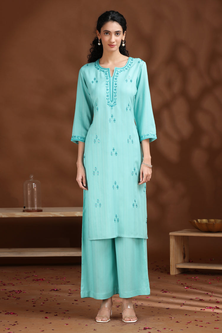 Sky Blue Embroidered Straight Cotton Co-ord Set