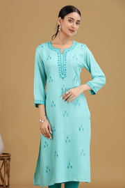 Sky Blue Embroidered Straight Cotton Kurta