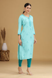 Sky Blue Embroidered Straight Cotton Kurta