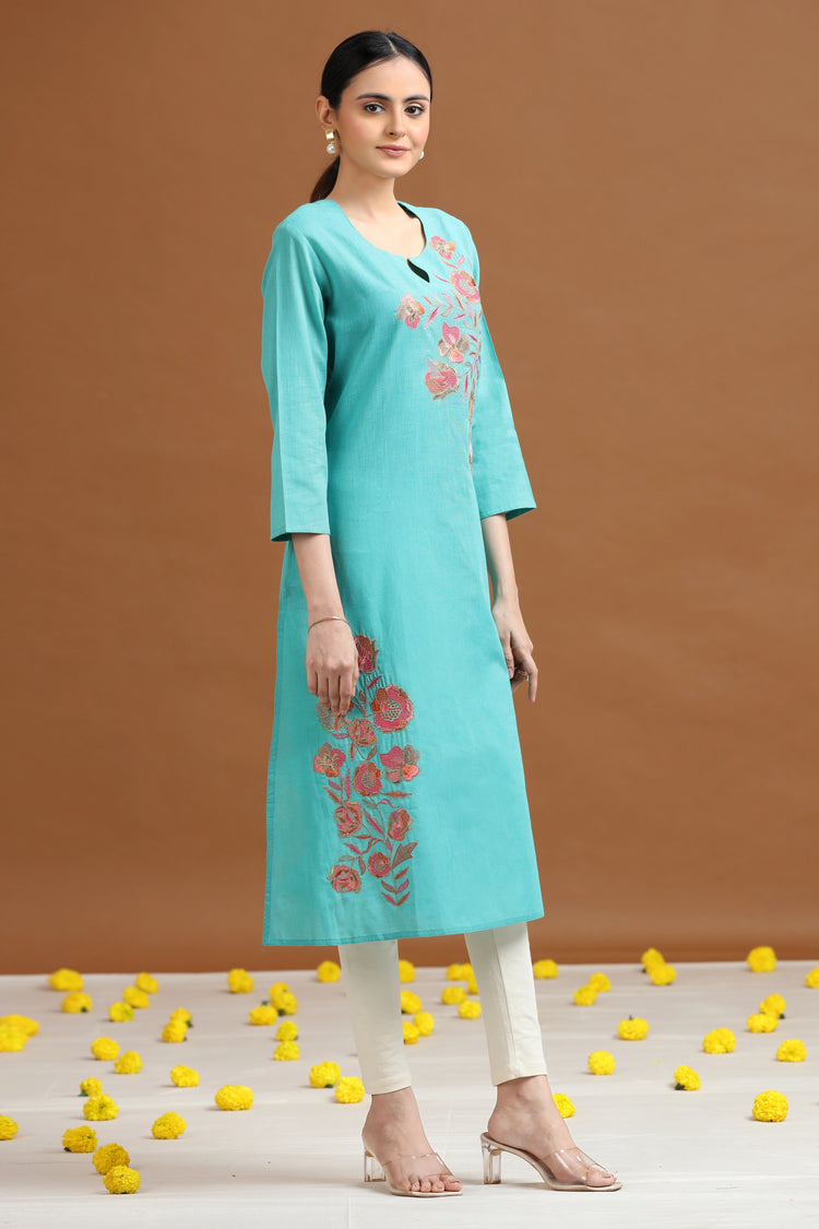 Sky Blue Embroidered Straight Cotton Kurta