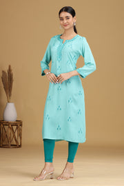 Sky Blue Embroidered Straight Cotton Kurta