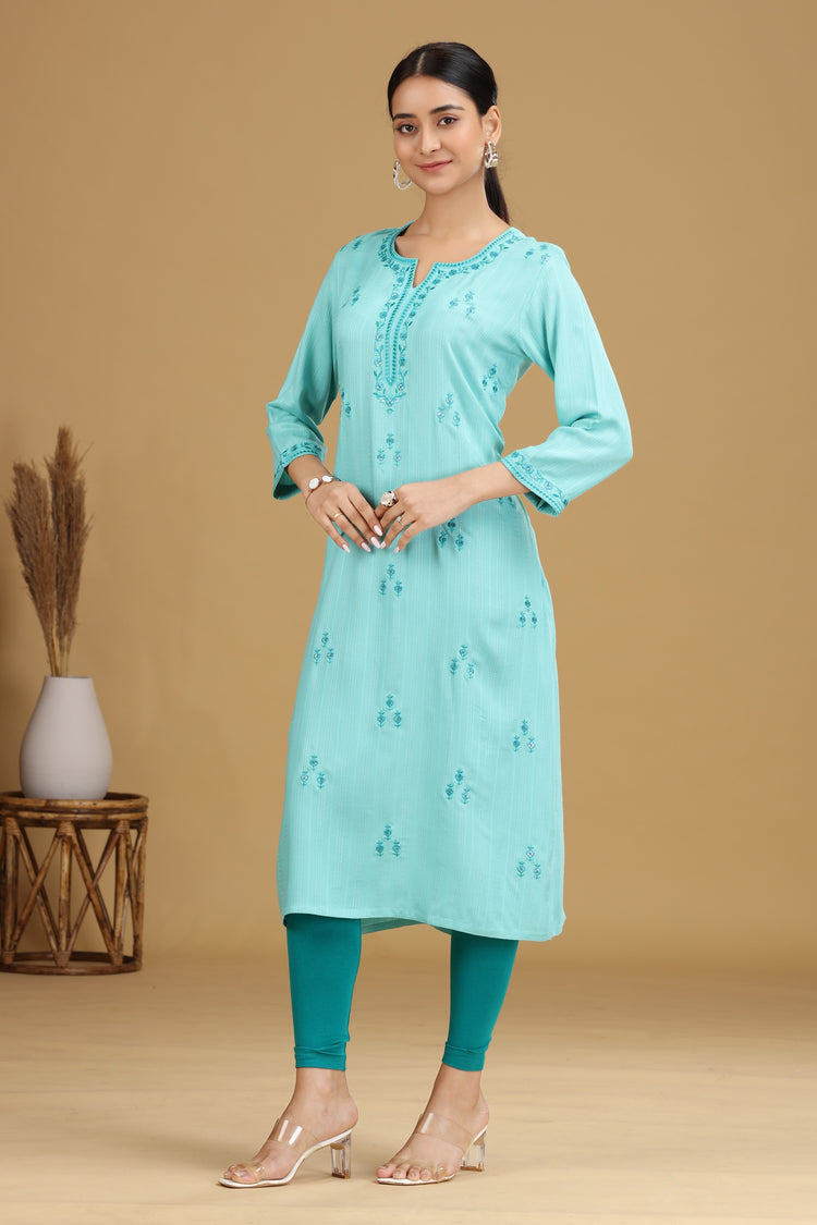 Sky Blue Embroidered Straight Cotton Kurta