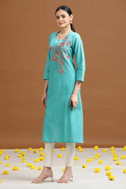 Sky Blue Embroidered Straight Cotton Kurta