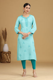 Sky Blue Embroidered Straight Cotton Kurta