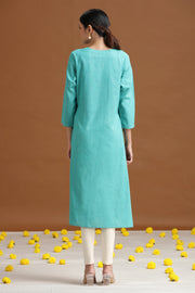 Sky Blue Embroidered Straight Cotton Kurta