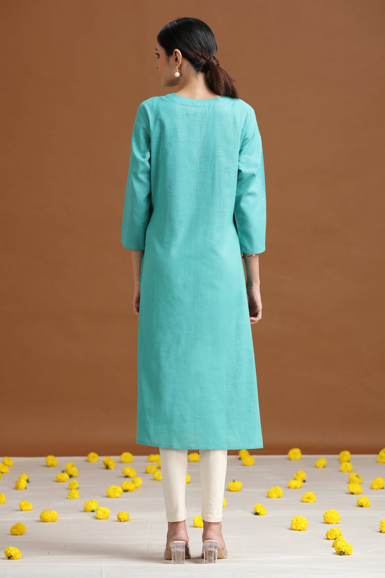 Sky Blue Embroidered Straight Cotton Kurta