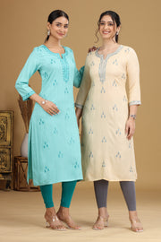 Sky Blue Embroidered Straight Cotton Kurta