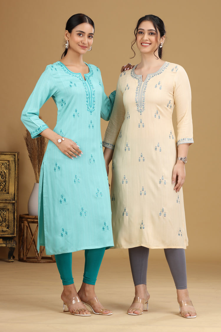 Sky Blue Embroidered Straight Cotton Kurta