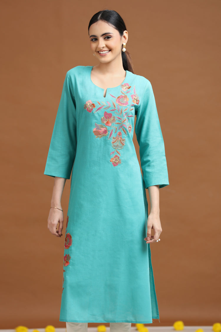 Sky Blue Embroidered Straight Cotton Kurta