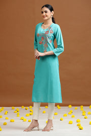 Sky Blue Embroidered Straight Cotton Kurta