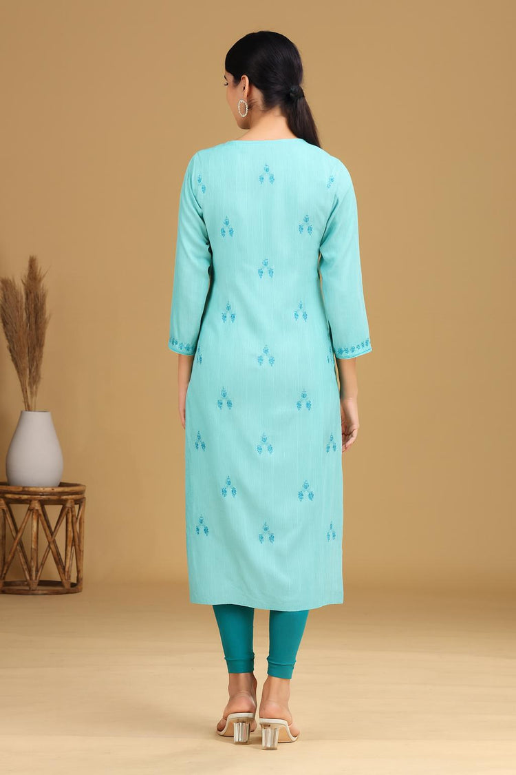Sky Blue Embroidered Straight Cotton Kurta