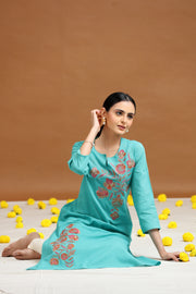 Sky Blue Embroidered Straight Cotton Kurta