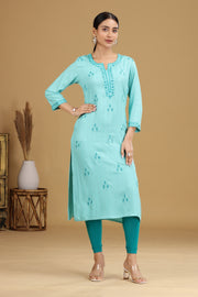 Sky Blue Embroidered Straight Cotton Kurta