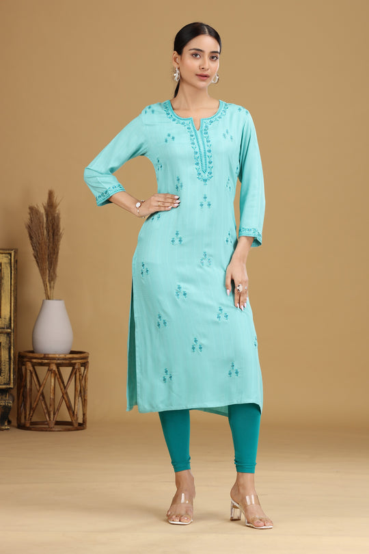 Sky Blue Embroidered Straight Cotton Kurta