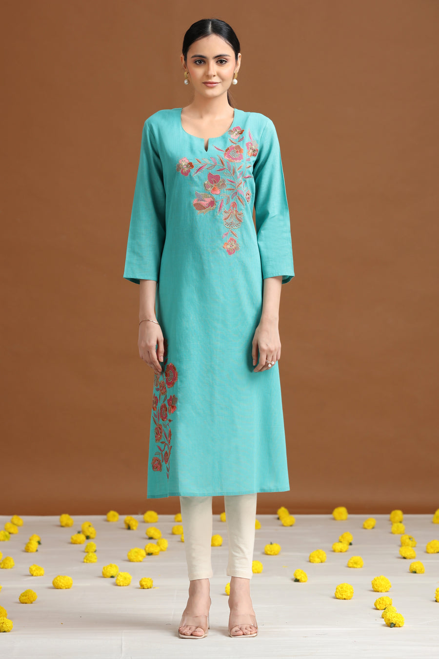 Sky Blue Embroidered Straight Cotton Kurta