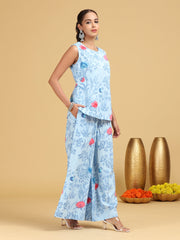 Sky Blue Floral Printed Straight Co-ord Set