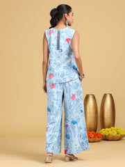 Sky Blue Floral Printed Straight Co-ord Set