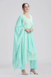 Sky Blue Mulmul Embroidered Anarkali Kurta Pant and Dupatta Suit Set