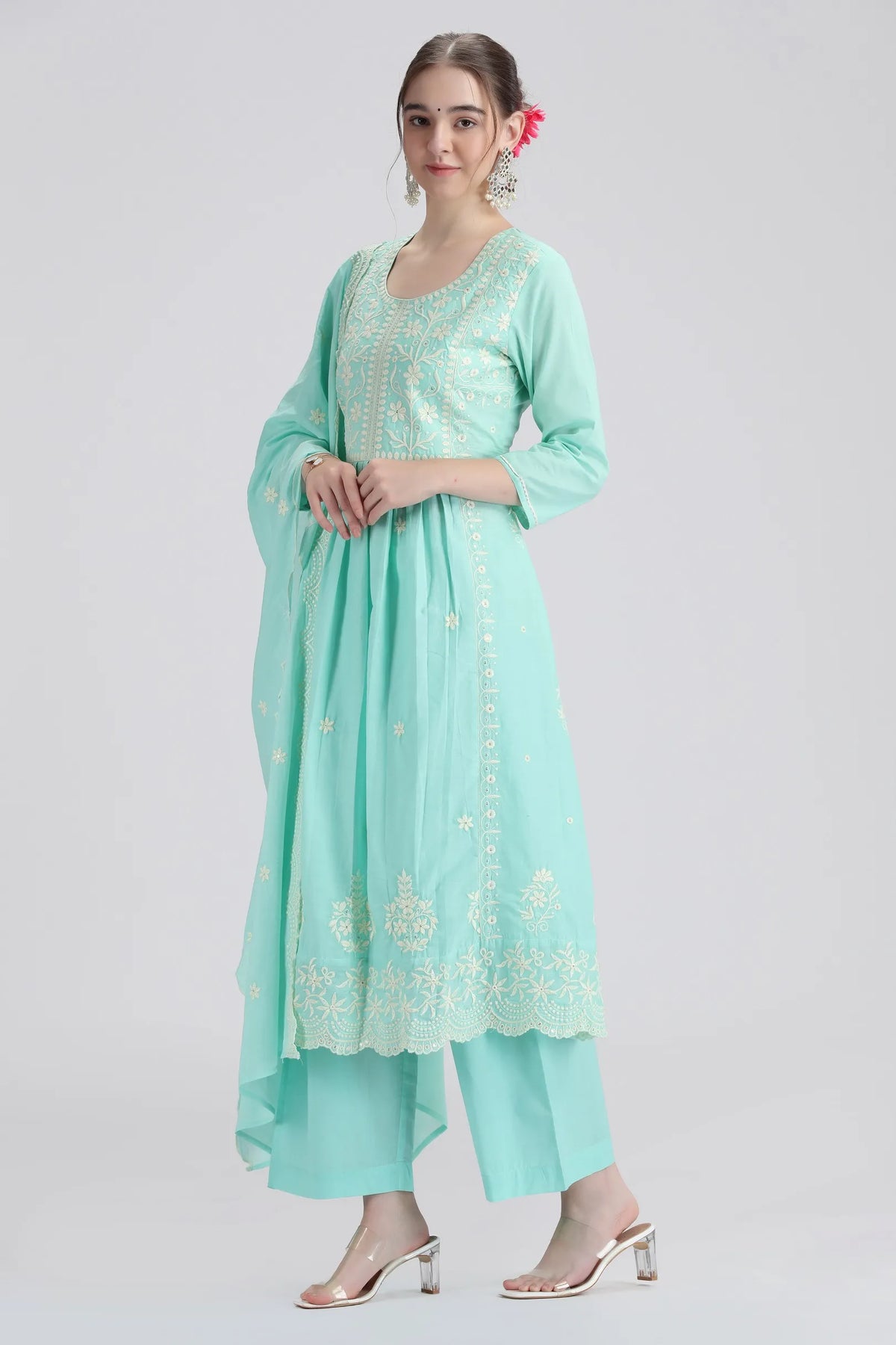 Sky Blue Mulmul Embroidered Anarkali Kurta Pant and Dupatta Suit Set