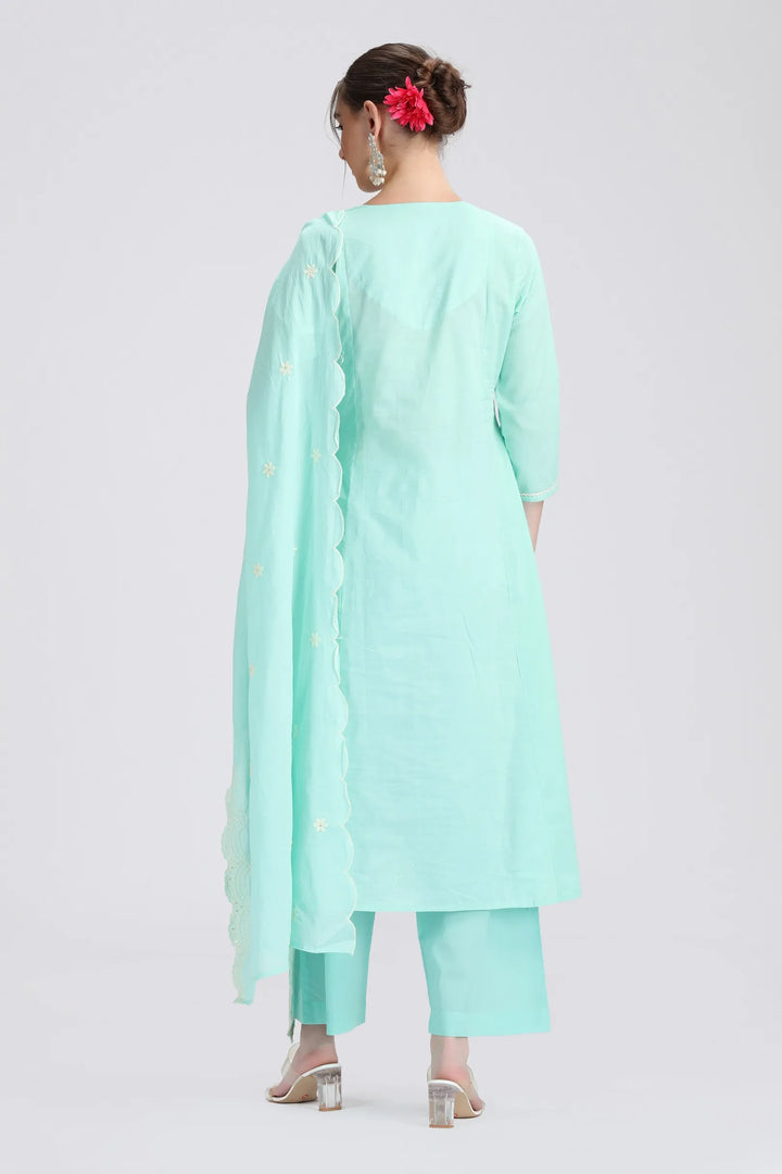 Sky Blue Mulmul Embroidered Anarkali Kurta Pant and Dupatta Suit Set