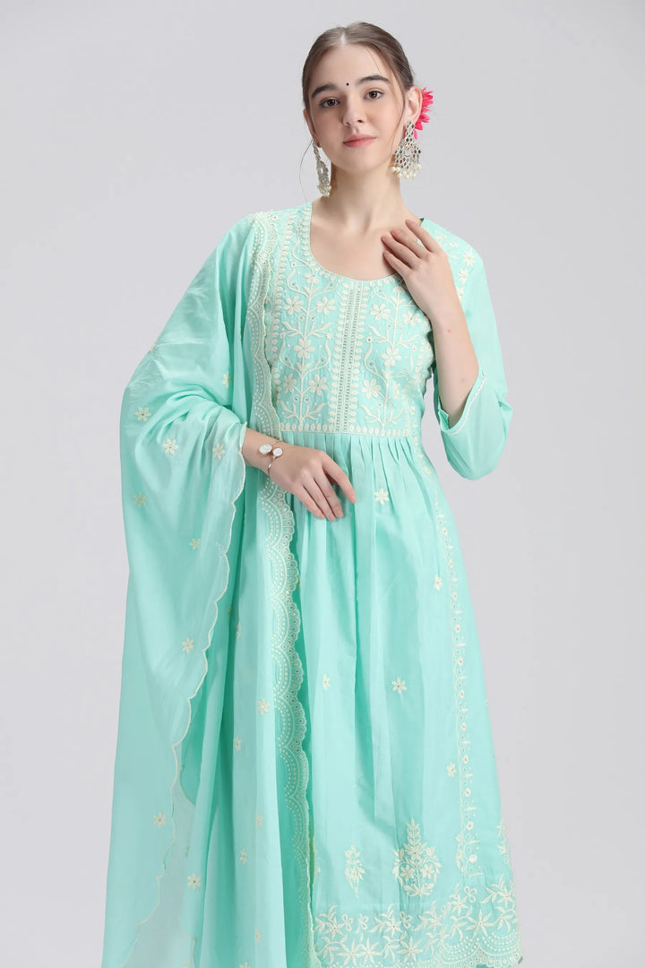 Sky Blue Mulmul Embroidered Anarkali Kurta Pant and Dupatta Suit Set