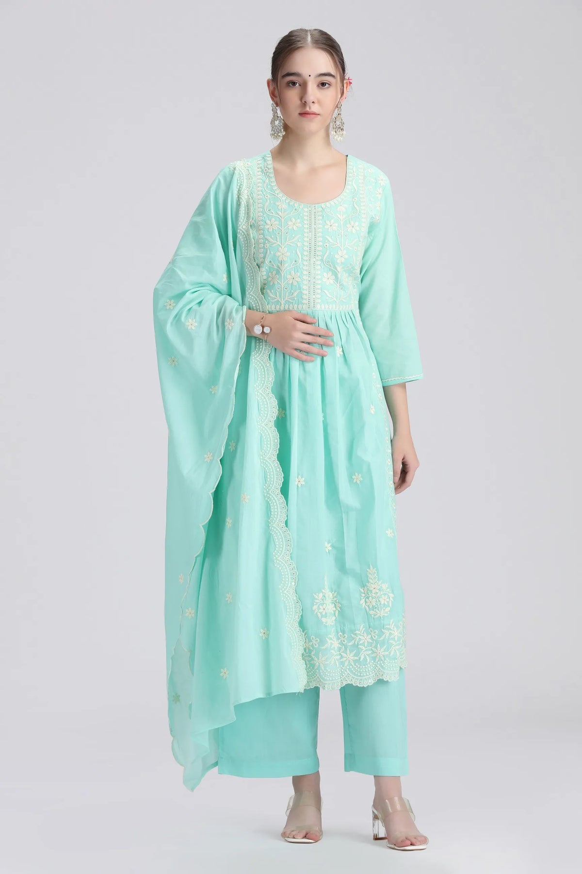 Sky Blue Mulmul Embroidered Anarkali Kurta Pant and Dupatta Suit Set