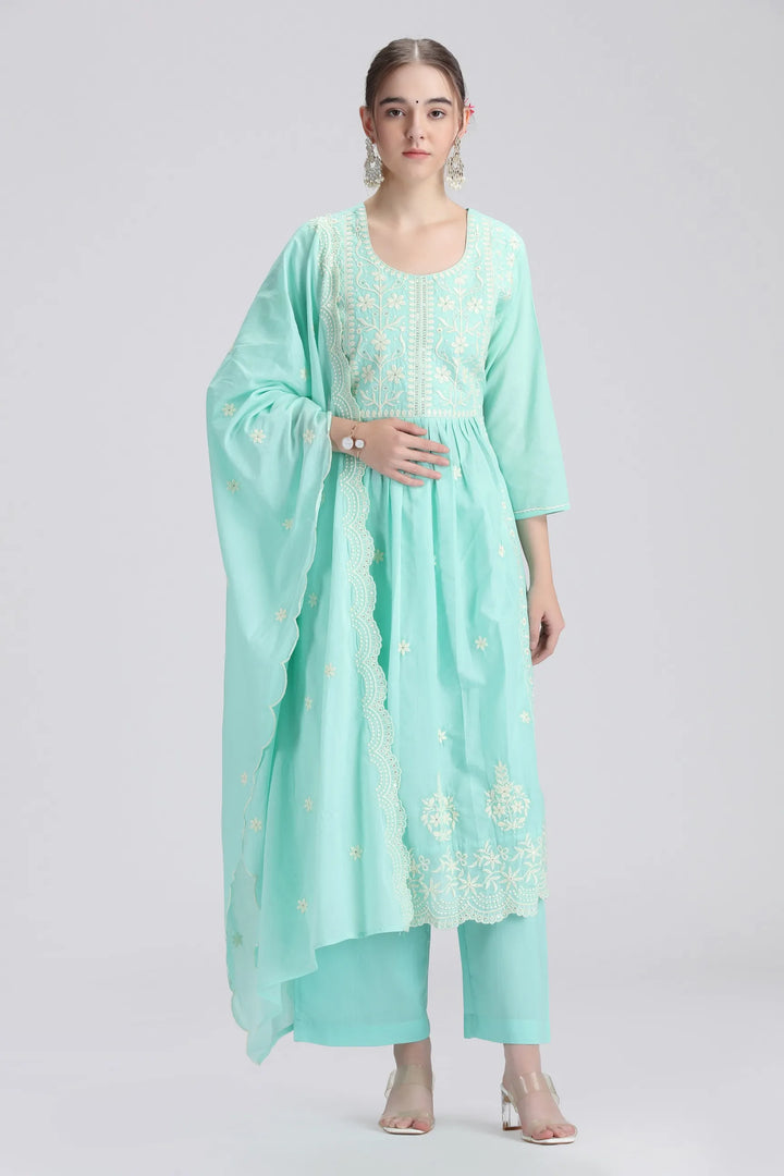 Sky Blue Mulmul Embroidered Anarkali Kurta Pant and Dupatta Suit Set