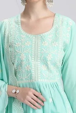 Sky Blue Mulmul Embroidered Anarkali Kurta Pant and Dupatta Suit Set