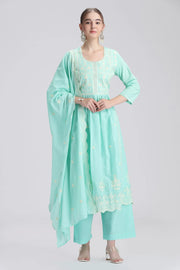 Sky Blue Mulmul Embroidered Anarkali Kurta Pant and Dupatta Suit Set