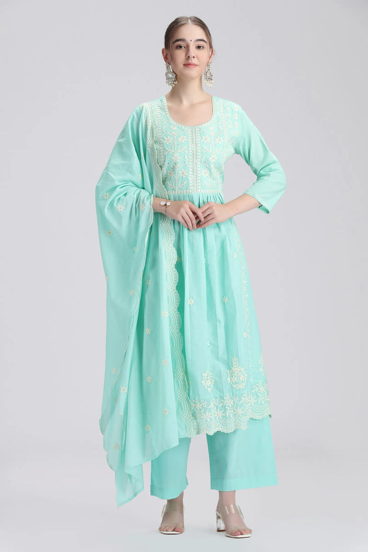Sky Blue Mulmul Embroidered Anarkali Kurta Pant and Dupatta Suit Set