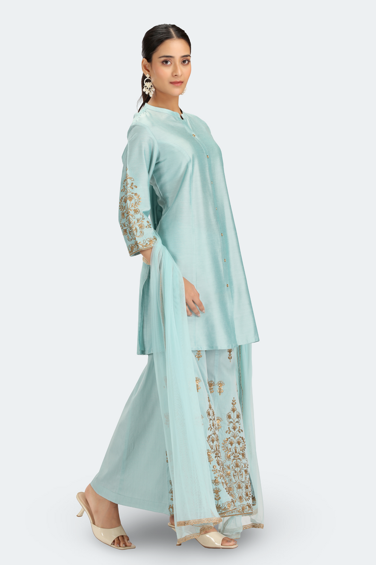 Sky Blue PolySilk Embroidered Straight Kurta Palazzo and Dupatta Suit Set