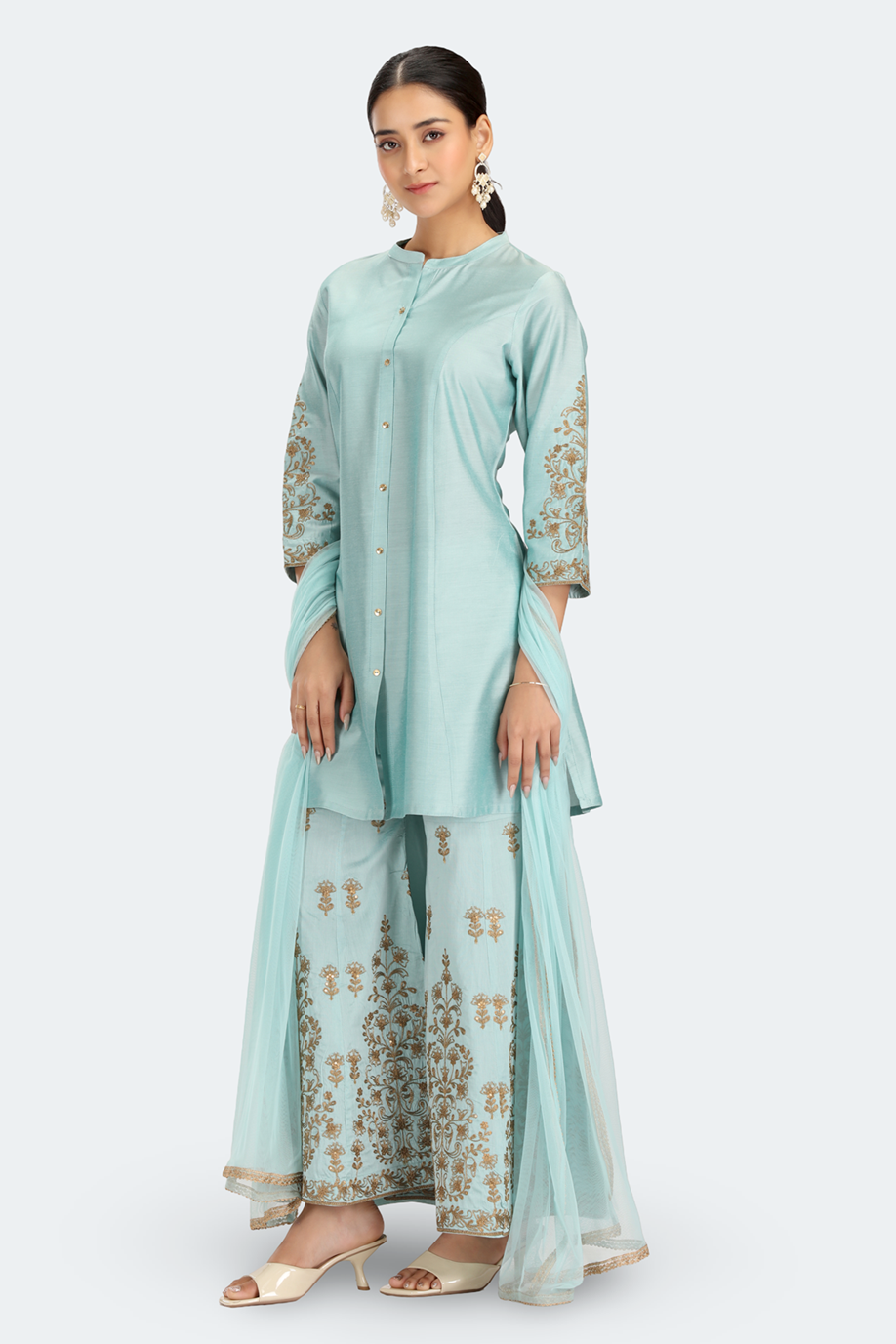 Sky Blue PolySilk Embroidered Straight Kurta Palazzo and Dupatta Suit Set