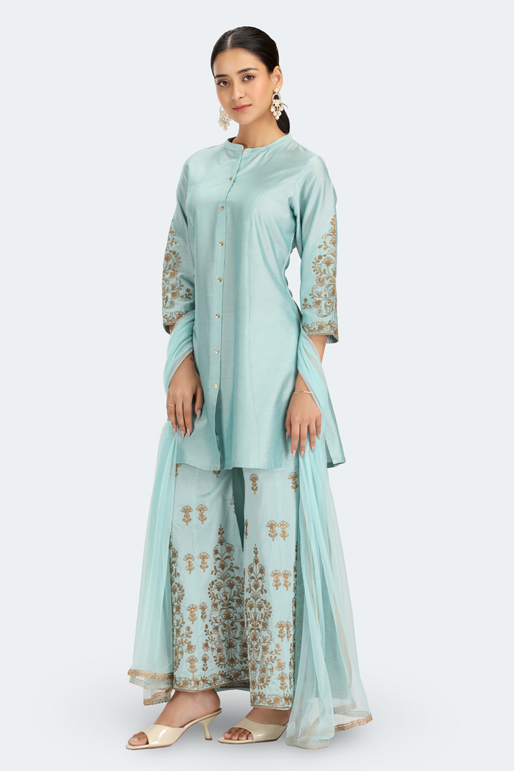 Sky Blue PolySilk Embroidered Straight Kurta Palazzo and Dupatta Suit Set
