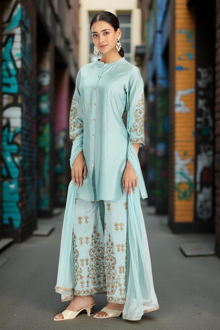 Sky Blue PolySilk Embroidered Straight Kurta Palazzo and Dupatta Suit Set