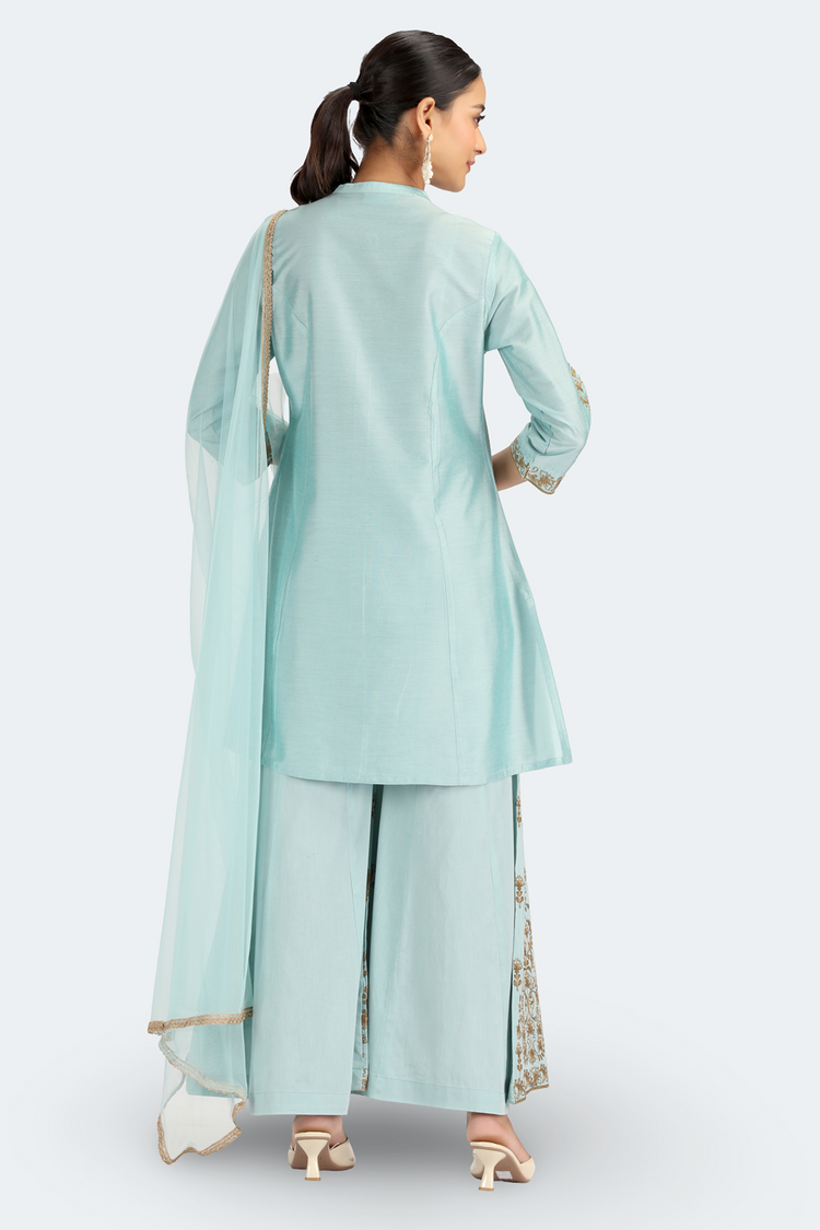 Sky Blue PolySilk Embroidered Straight Kurta Palazzo and Dupatta Suit Set