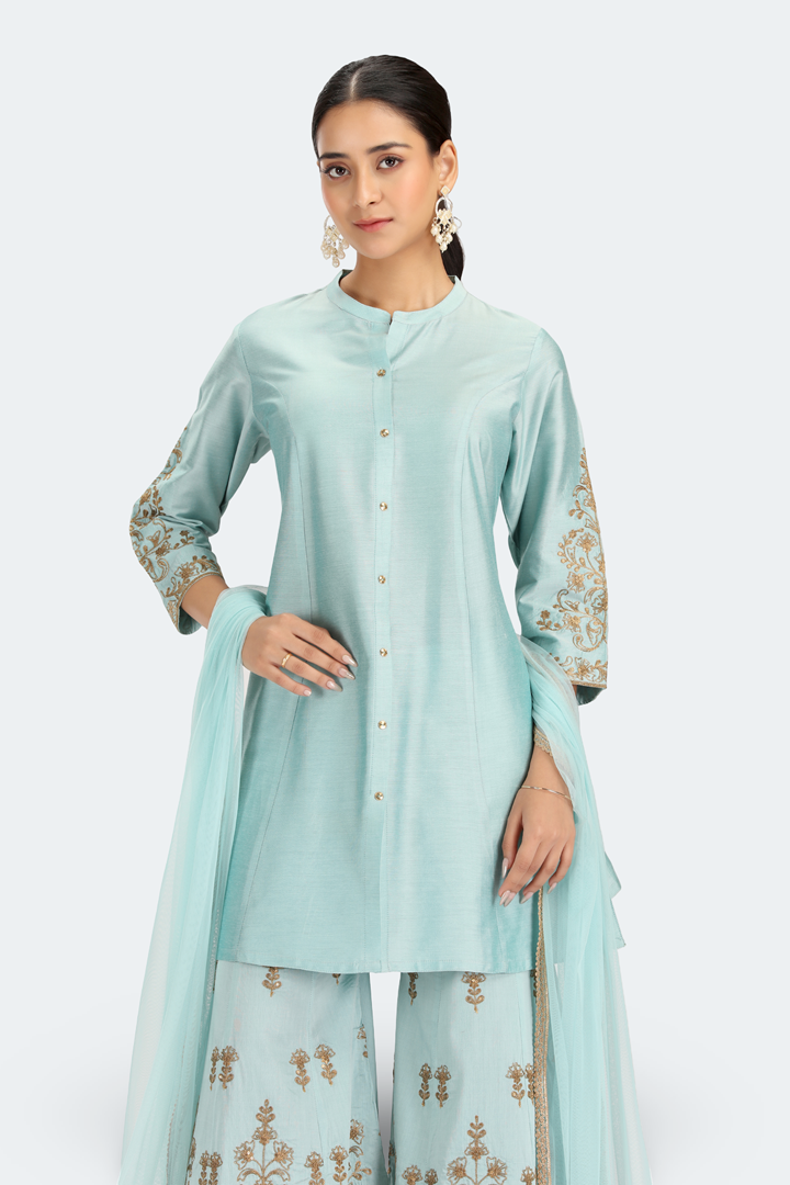 Sky Blue PolySilk Embroidered Straight Kurta Palazzo and Dupatta Suit Set
