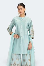 Sky Blue PolySilk Embroidered Straight Kurta Palazzo and Dupatta Suit Set