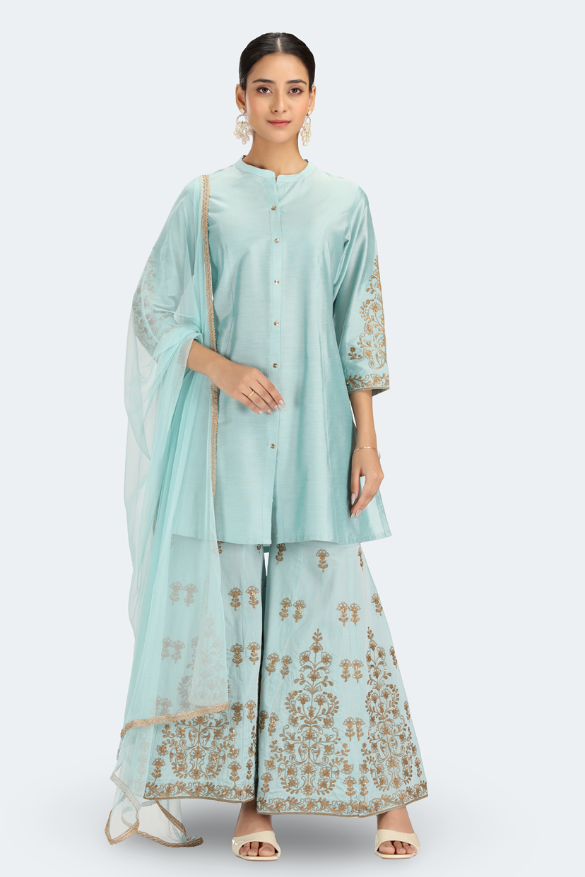 Sky Blue PolySilk Embroidered Straight Kurta Palazzo and Dupatta Suit Set