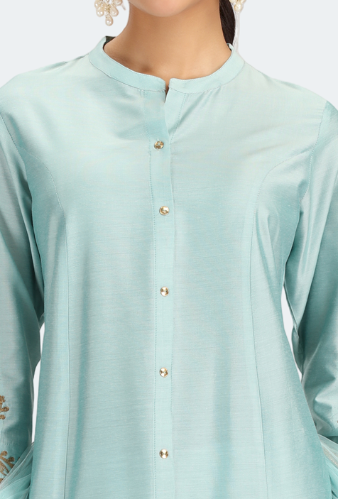 Sky Blue PolySilk Embroidered Straight Kurta Palazzo and Dupatta Suit Set