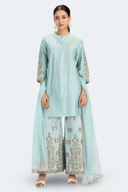 Sky Blue PolySilk Embroidered Straight Kurta Palazzo and Dupatta Suit Set
