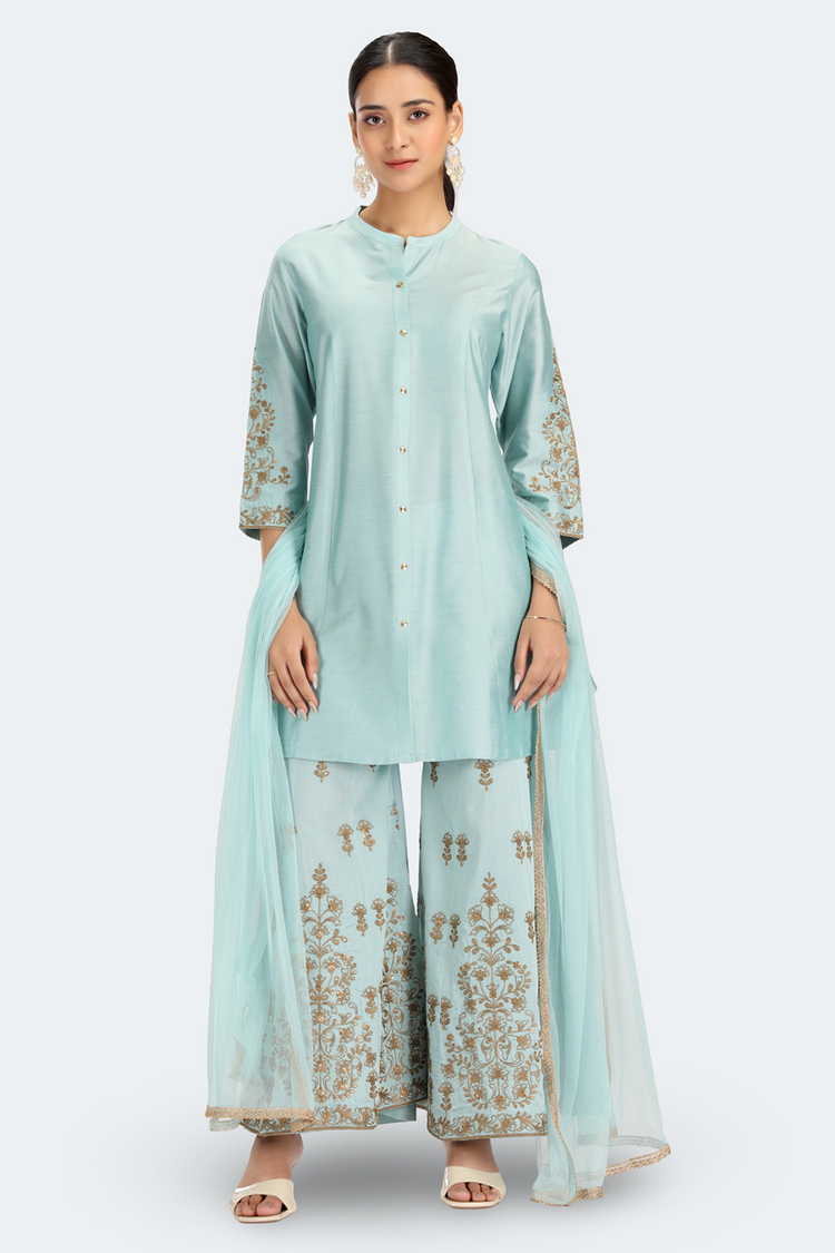 Sky Blue PolySilk Embroidered Straight Kurta Palazzo and Dupatta Suit Set