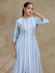 Sky Blue Striped Cotton A-Line Kurta