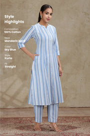 Sky Blue Striped Cotton A-Line Kurta